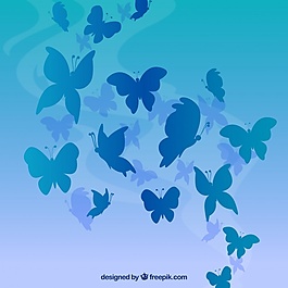 蓝色背景，蓝色的蝴蝶剪影