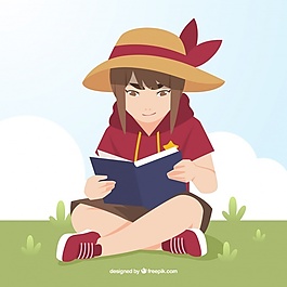 戴着帽子在公园看书的女孩