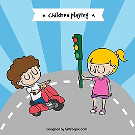 玩摩托车和交通灯的快乐孩子