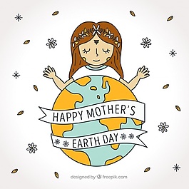 地球母亲日背景与手绘女孩和装饰花