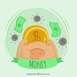带有硬币和钞票的小猪银行背景