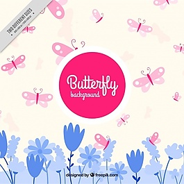 粉红色蝴蝶和蓝色植物的可爱背景