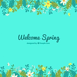 蓝色的春天背景与可爱的花朵在平面设计