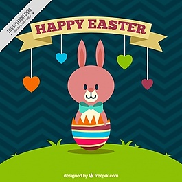 可爱的复活节背景，挂着兔子和红心