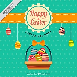 复活节时用篮子和鸡蛋点缀背景。