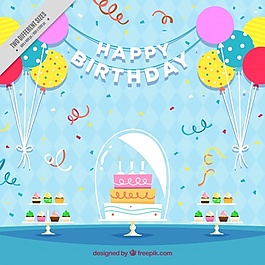 生日蛋糕背景与气球在平面设计