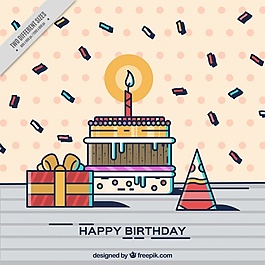 生日背景与线性风格的蛋糕和糖果