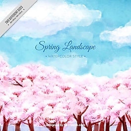 春天的树和水彩天空背景