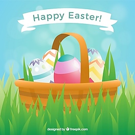 在草地上放复活节彩蛋的篮子背景
