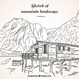 山水背景与手绘小屋