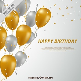 生日快乐，背景是银色和金色的气球。