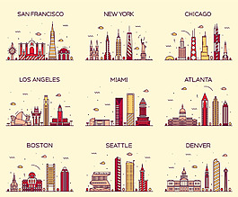 各国卡通复古城市景点矢量素材背景