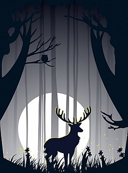 黑夜森林里的梅花鹿背景图