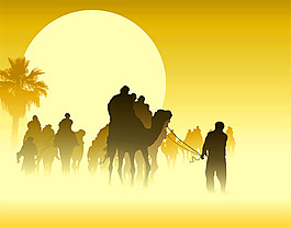 夕阳与骆驼队图片