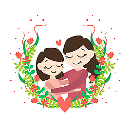 手绘母女红色花朵元素