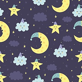 睡着的月亮和云朵晚安挂画卡通动物矢量