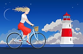 海边骑车灯塔航海矢量源文件设计素材