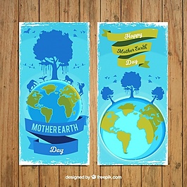 为地球母亲日提供绿色细节的蓝色横幅