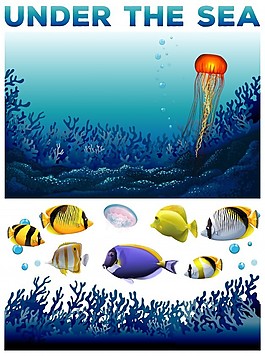 水下场景与鱼和海藻插图