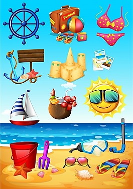 海洋场景和海滩物体插图