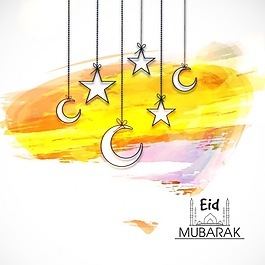 彩色背景，月亮和星星悬挂在开斋节穆巴拉克
