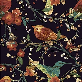 黑色背景的鸟和花