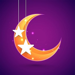 明亮的新月和紫色背景上的银星为伊斯兰节日Eid Mubarak庆典而设。