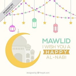 圣纪节快乐背景与月亮和灯笼