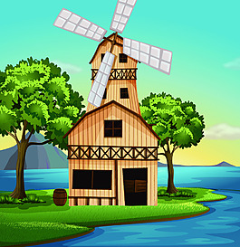 海边风车矢量风景素材