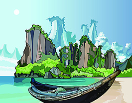 海边岛屿船只矢量插画