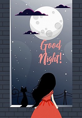 晚安月亮圆的小女孩自由旗帜图标矢量