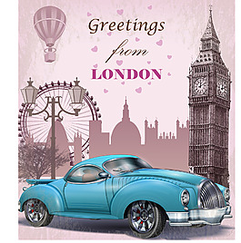 英国建筑和老爷车插画