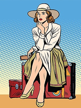 坐在旅行箱的女人漫画风格人物矢量素材