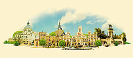 水彩绘复古城市建筑