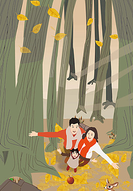 手绘家人金秋森林背景