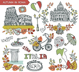 著名建筑物和秋日落叶矢量素材