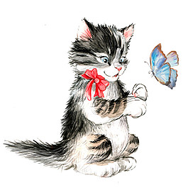 戴蝴蝶结的小猫和蝴蝶