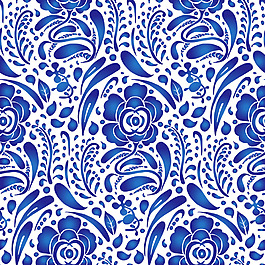 手绘花朵蓝色青花瓷纹样矢量素材