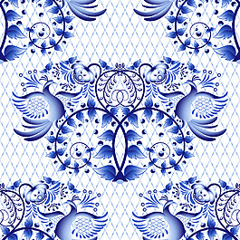 蓝色复古青花瓷纹样矢量素材
