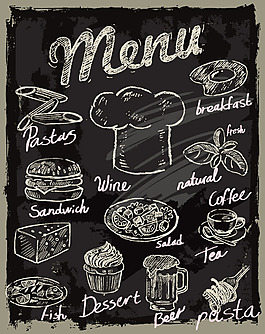 西餐厅黑板背景粉笔字画菜单矢量素材