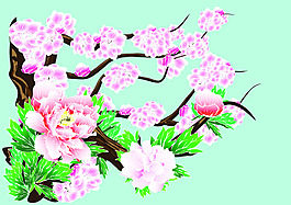 水彩中国风牡丹线描矢量