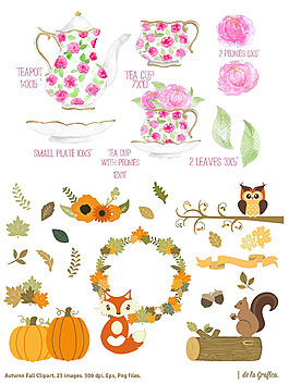 手绘茶具花朵南瓜松树猫头鹰