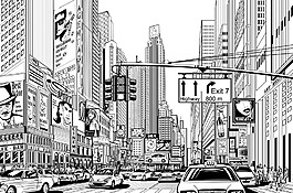 黑白手绘城市场景插画