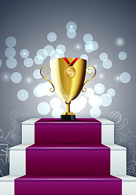 红色台阶上的金色奖杯背景素材