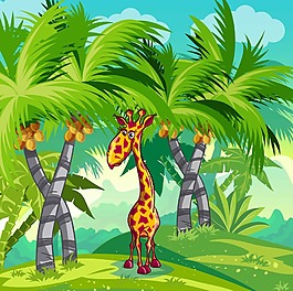 卡通森林里的长颈鹿插画