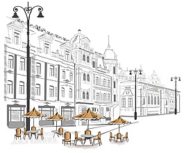 手绘速写欧洲街头场景插画
