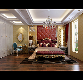 欧式室内红色卧室模型