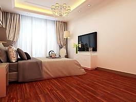 温馨卧室红木地板3d渲染图