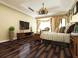 温馨卧室红木地板3d渲染图