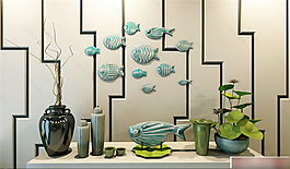 鱼墙饰花瓶模型素材